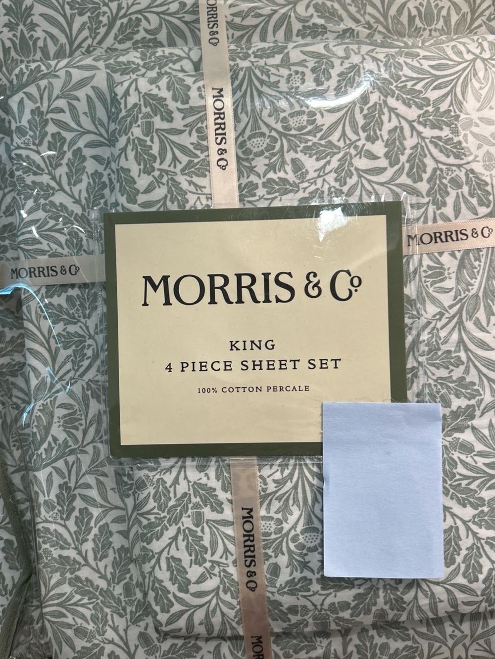 WILLIAM MORRIS & Co Green White Leaves Acorns  King Sheet Set 4 PC NEW